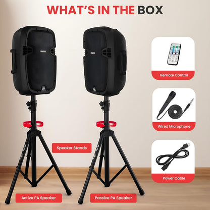 Wireless PA System 1000W Bluetooth Dual 10" Speakers w/ Stands & Mic