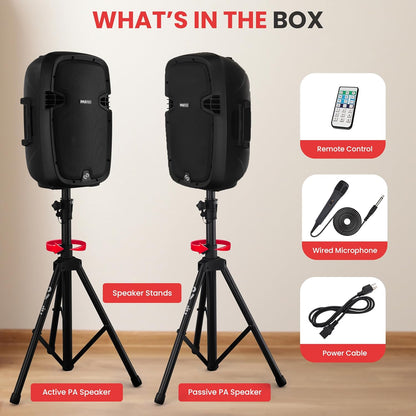 Wireless PA System 1000W Bluetooth Dual 10" Speakers w/ Stands & Mic