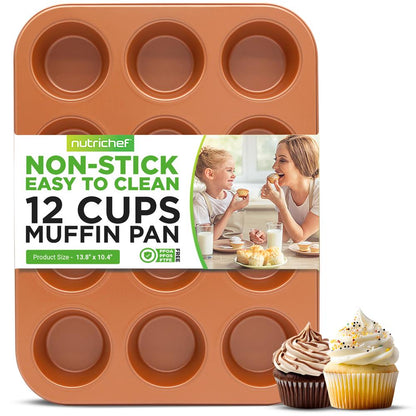12-Cup Muffin Pan, Even Heating, Non-Stick Carbon Steel, Copper