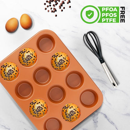 12-Cup Muffin Pan, Even Heating, Non-Stick Carbon Steel, Copper