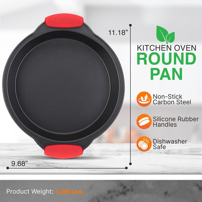 Nonstick Round Cake Pan - Easy Release Carbon Steel, Red Handles, 9.7"