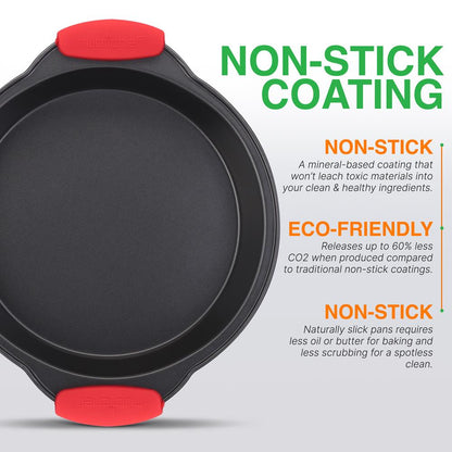 Nonstick Round Cake Pan - Easy Release Carbon Steel, Red Handles, 9.7"