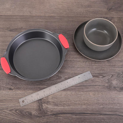 Nonstick Round Cake Pan - Easy Release Carbon Steel, Red Handles, 9.7"