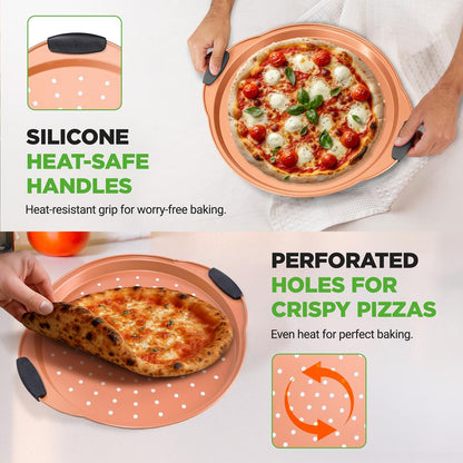 13" Nonstick Pizza Tray - Easy Clean Carbon Steel, Copper