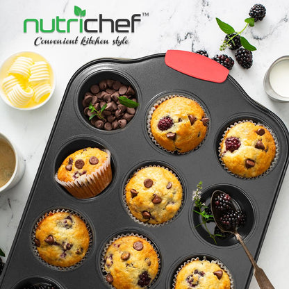 12 Cup Muffin Pan, Nonstick Carbon Steel, Red Silicone Handles