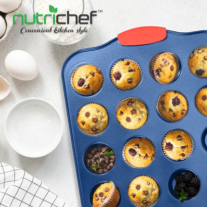 17" Nonstick Muffin Pan, 24 Cup, Carbon Steel, Red Handles, Blue Coating