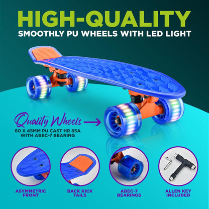 Mini Cruiser Skateboard - LED Wheels, Double Kick, 6" PP Deck, Blue