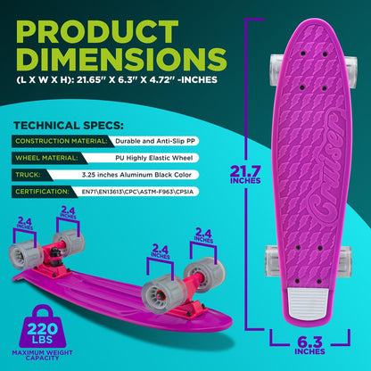 Mini Cruiser Skateboard, LED Wheels, 6" PP Deck, Aluminum Truck, Purple
