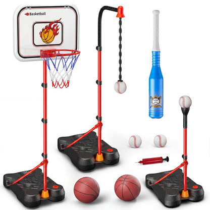 Hurtle 4-In-1 Kids Basketball & T-Ball Hoop Set – Adjustable Height (3.5–6.2 Ft) Includes Hanging Baseball Hoop, Indoor & Outdoor Backyard Sports Toy (Black) HU4N1BSKBBST