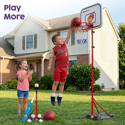 Hurtle 4-In-1 Kids Basketball & T-Ball Hoop Set – Adjustable Height (3.5–6.2 Ft) Includes Hanging Baseball Hoop, Indoor & Outdoor Backyard Sports Toy (Black) HU4N1BSKBBST