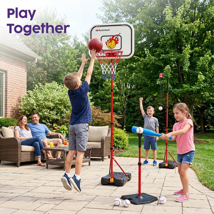 Hurtle 4-In-1 Kids Basketball & T-Ball Hoop Set – Adjustable Height (3.5–6.2 Ft) Includes Hanging Baseball Hoop, Indoor & Outdoor Backyard Sports Toy (Black) HU4N1BSKBBST