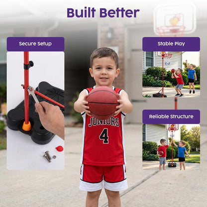 Hurtle 4-In-1 Kids Basketball & T-Ball Hoop Set – Adjustable Height (3.5–6.2 Ft) Includes Hanging Baseball Hoop, Indoor & Outdoor Backyard Sports Toy (Black) HU4N1BSKBBST