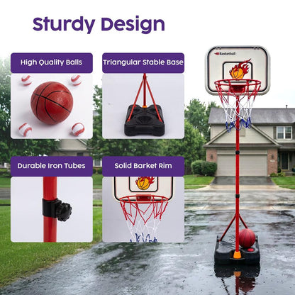 Hurtle 4-In-1 Kids Basketball & T-Ball Hoop Set – Adjustable Height (3.5–6.2 Ft) Includes Hanging Baseball Hoop, Indoor & Outdoor Backyard Sports Toy (Black) HU4N1BSKBBST