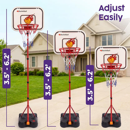 Hurtle 4-In-1 Kids Basketball & T-Ball Hoop Set – Adjustable Height (3.5–6.2 Ft) Includes Hanging Baseball Hoop, Indoor & Outdoor Backyard Sports Toy (Black) HU4N1BSKBBST