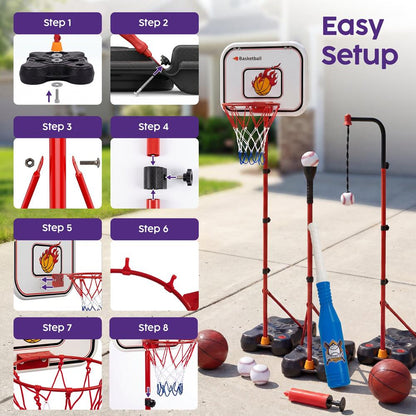 Hurtle 4-In-1 Kids Basketball & T-Ball Hoop Set – Adjustable Height (3.5–6.2 Ft) Includes Hanging Baseball Hoop, Indoor & Outdoor Backyard Sports Toy (Black) HU4N1BSKBBST