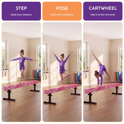 Hurtle 8' Adjustable Balance Beam – Adjustable Height For Beginners To Advanced Users, Non-Slip Surface For Gymnastics Practice At Home (Pink)