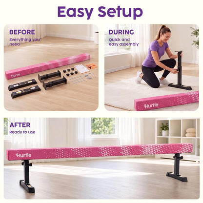 Hurtle 8' Adjustable Balance Beam – Adjustable Height For Beginners To Advanced Users, Non-Slip Surface For Gymnastics Practice At Home (Pink)