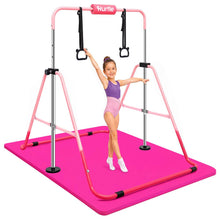 Hurtle Expandable Folding Gymnastics Bar With Mat - Adjustable Height, Hanging Rings And Bar Pad For Kids (Dark Pink + Light Pink) HUFBAR5RMPK