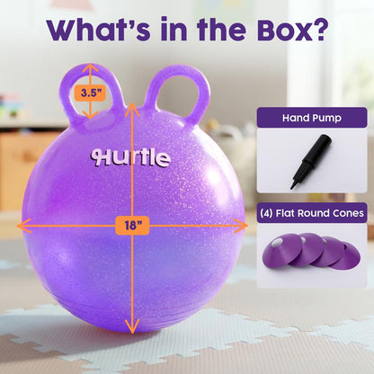 Hurtle 18" Glitter Hopper Ball With Handles, Air Pump & Cones – Indoor/Outdoor Active Play For Kids (Purple)