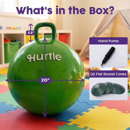 Hurtle 20" Marble Hopper Ball With Handles, Air Pump & Cones – Indoor/Outdoor Active Play For Kids (Army Green)