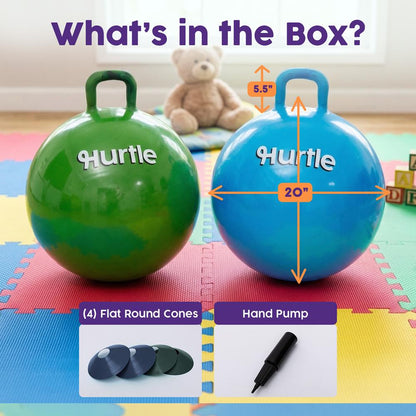 Hurtle 20" Marble Hopper Ball Set With Handles, Air Pump & Cones – Indoor/Outdoor Active Play For Kids (Army Green & Navy Blue)