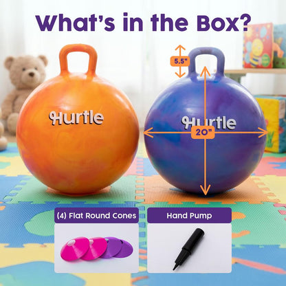 Hurtle 20" Marble Hopper Ball Set With Handles, Air Pump & Cones – Indoor/Outdoor Active Play For Kids (Pink & Blue)
