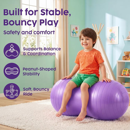 Hurtle Anti-Burst Peanut Exercise Ball With Hand Pump And Plugs, Great For Core Strength, Flexibility, And Balance In Everyday Workouts, Yoga, Or Gentle Movement Routines And Sensory Training (Purple)