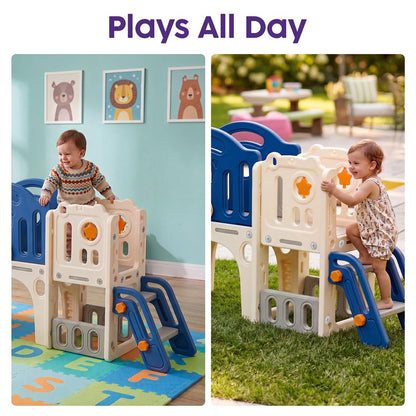 Hurtle 9-In-1 Indoor Kids Playground Set – Slide, Stairs, Basketball Hoop, Toy Telescope, Tunnel, Ring Toss, Drill-A-Hole, Lookout Tower & Storage Space, Ideal For Home And Playroom Use (Blue)