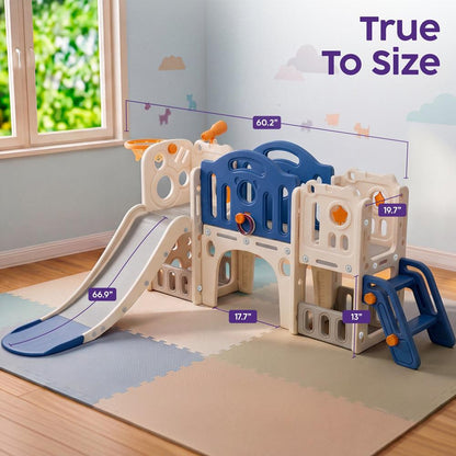 Hurtle 9-In-1 Indoor Kids Playground Set – Slide, Stairs, Basketball Hoop, Toy Telescope, Tunnel, Ring Toss, Drill-A-Hole, Lookout Tower & Storage Space, Ideal For Home And Playroom Use (Blue)