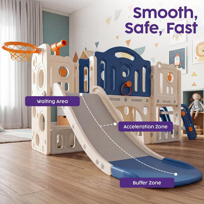 Hurtle 9-In-1 Indoor Kids Playground Set – Slide, Stairs, Basketball Hoop, Toy Telescope, Tunnel, Ring Toss, Drill-A-Hole, Lookout Tower & Storage Space, Ideal For Home And Playroom Use (Blue)