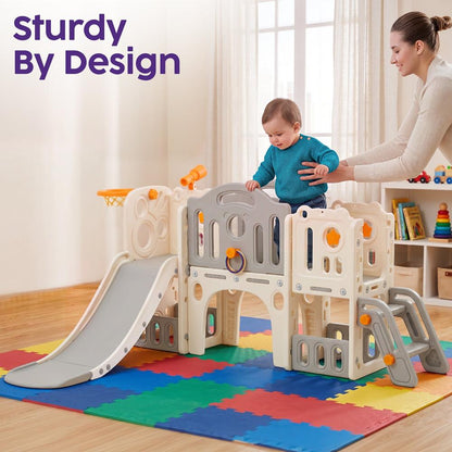 Hurtle 9-In-1 Indoor Kids Playground Set – Slide, Stairs, Basketball Hoop, Toy Telescope, Tunnel, Ring Toss, Drill-A-Hole, Lookout Tower & Storage Space, Ideal For Home And Playroom Use (Gray)