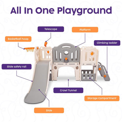 Hurtle 9-In-1 Indoor Kids Playground Set – Slide, Stairs, Basketball Hoop, Toy Telescope, Tunnel, Ring Toss, Drill-A-Hole, Lookout Tower & Storage Space, Ideal For Home And Playroom Use (Gray)