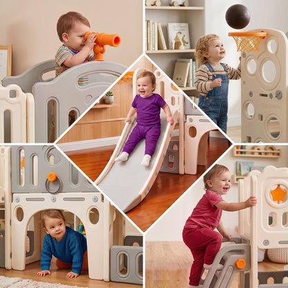 Hurtle 9-In-1 Indoor Kids Playground Set – Slide, Stairs, Basketball Hoop, Toy Telescope, Tunnel, Ring Toss, Drill-A-Hole, Lookout Tower & Storage Space, Ideal For Home And Playroom Use (Gray)