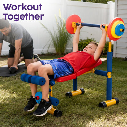 Hurtle Kids Exercise Bench Set - Sturdy Iron Frame With Adjustable Barbell Rack, Foam-Based Weights, And Fun Fitness Play For Ages 3-8 | Perfect For Playrooms And Home Gyms