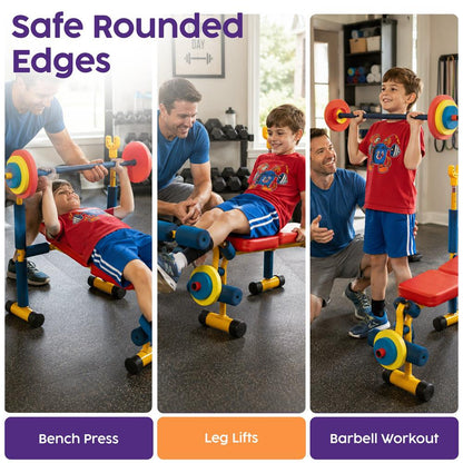 Hurtle Kids Exercise Bench Set - Sturdy Iron Frame With Adjustable Barbell Rack, Foam-Based Weights, And Fun Fitness Play For Ages 3-8 | Perfect For Playrooms And Home Gyms