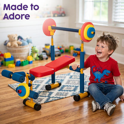 Hurtle Kids Exercise Bench Set - Sturdy Iron Frame With Adjustable Barbell Rack, Foam-Based Weights, And Fun Fitness Play For Ages 3-8 | Perfect For Playrooms And Home Gyms