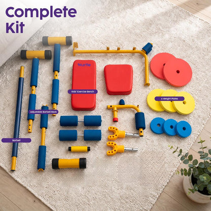 Hurtle Kids Exercise Bench Set - Sturdy Iron Frame With Adjustable Barbell Rack, Foam-Based Weights, And Fun Fitness Play For Ages 3-8 | Perfect For Playrooms And Home Gyms