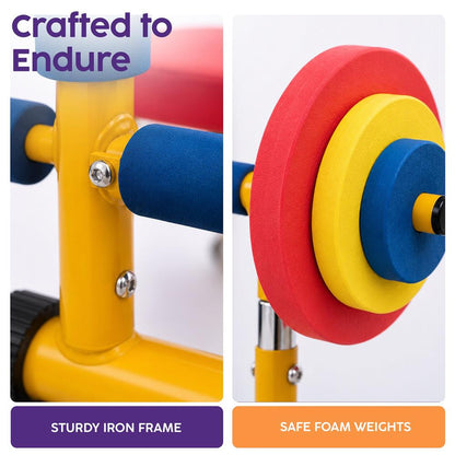 Hurtle Kids Exercise Bench Set - Sturdy Iron Frame With Adjustable Barbell Rack, Foam-Based Weights, And Fun Fitness Play For Ages 3-8 | Perfect For Playrooms And Home Gyms
