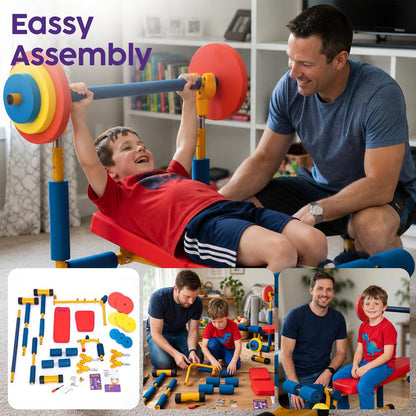 Hurtle Kids Exercise Bench Set - Sturdy Iron Frame With Adjustable Barbell Rack, Foam-Based Weights, And Fun Fitness Play For Ages 3-8 | Perfect For Playrooms And Home Gyms