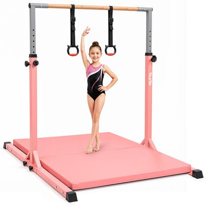 Hurtle Foldable Gymnastics Bar With Adjustable Height, Large Mat, Non-Slip Base, And Supports Up To 220 Lbs., Ideal For Home Use, Training, And Kids Ages 6+ (Pink)