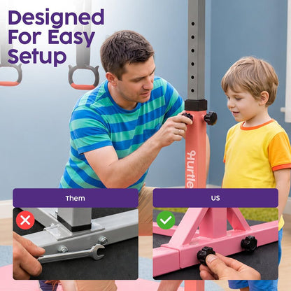 Hurtle Foldable Gymnastics Bar With Adjustable Height, Large Mat, Non-Slip Base, And Supports Up To 220 Lbs., Ideal For Home Use, Training, And Kids Ages 6+ (Pink)