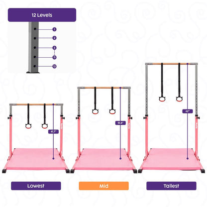 Hurtle Foldable Gymnastics Bar With Adjustable Height, Large Mat, Non-Slip Base, And Supports Up To 220 Lbs., Ideal For Home Use, Training, And Kids Ages 6+ (Pink)