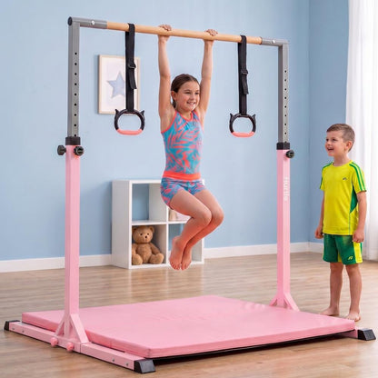 Hurtle Foldable Gymnastics Bar With Adjustable Height, Large Mat, Non-Slip Base, And Supports Up To 220 Lbs., Ideal For Home Use, Training, And Kids Ages 6+ (Pink)
