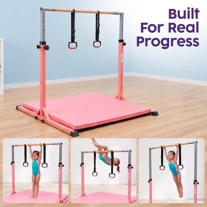 Hurtle Foldable Gymnastics Bar With Adjustable Height, Large Mat, Non-Slip Base, And Supports Up To 220 Lbs., Ideal For Home Use, Training, And Kids Ages 6+ (Pink)