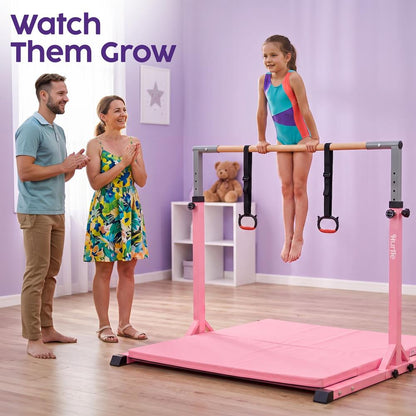 Hurtle Foldable Gymnastics Bar With Adjustable Height, Large Mat, Non-Slip Base, And Supports Up To 220 Lbs., Ideal For Home Use, Training, And Kids Ages 6+ (Pink)