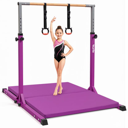 Hurtle Foldable Gymnastics Bar With Adjustable Height, Large Mat, Non-Slip Base, And Supports Up To 220 Lbs., Ideal For Home Use, Training, And Kids Ages 6+ (Purple)