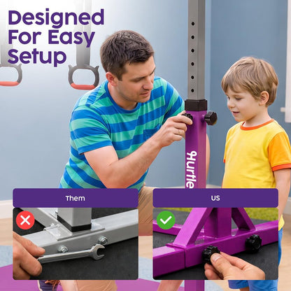 Hurtle Foldable Gymnastics Bar With Adjustable Height, Large Mat, Non-Slip Base, And Supports Up To 220 Lbs., Ideal For Home Use, Training, And Kids Ages 6+ (Purple)