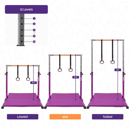 Hurtle Foldable Gymnastics Bar With Adjustable Height, Large Mat, Non-Slip Base, And Supports Up To 220 Lbs., Ideal For Home Use, Training, And Kids Ages 6+ (Purple)
