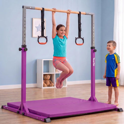 Hurtle Foldable Gymnastics Bar With Adjustable Height, Large Mat, Non-Slip Base, And Supports Up To 220 Lbs., Ideal For Home Use, Training, And Kids Ages 6+ (Purple)