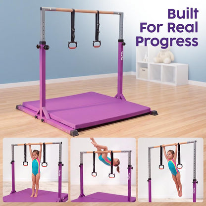Hurtle Foldable Gymnastics Bar With Adjustable Height, Large Mat, Non-Slip Base, And Supports Up To 220 Lbs., Ideal For Home Use, Training, And Kids Ages 6+ (Purple)